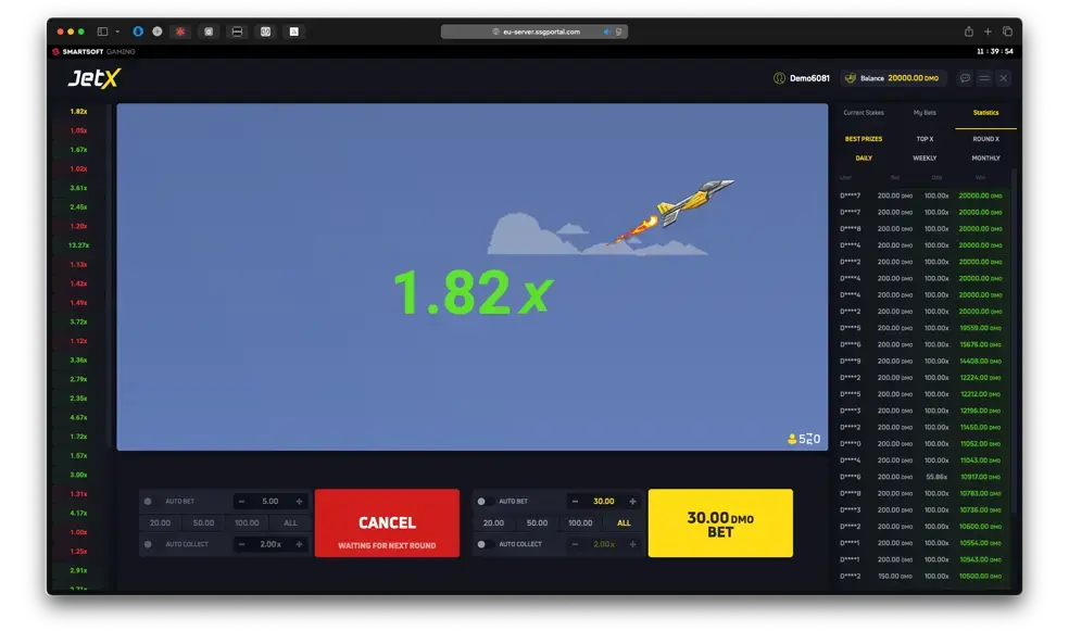 JetX gameplay with a live multiplier and double-bet layout